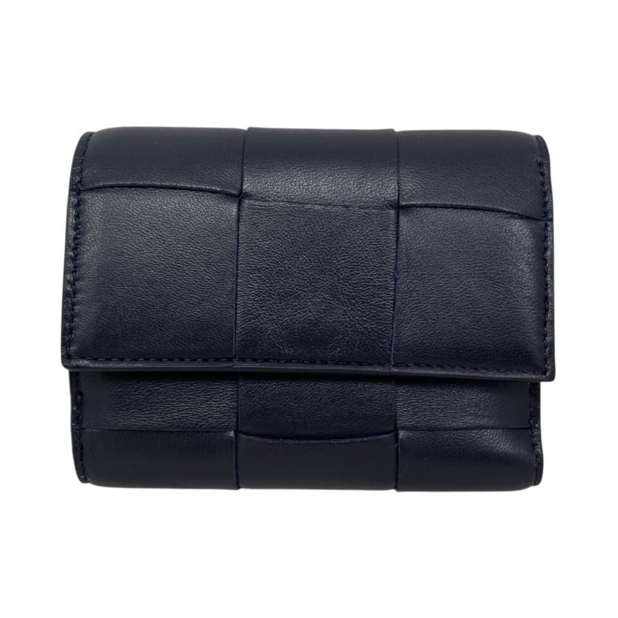 E 4873 ボッテガヴェネタ 3つ折り財布 カセット ファスナーウォレット 651372 レザー ネイビー ゴールド金具 BOTTEGA VENETA