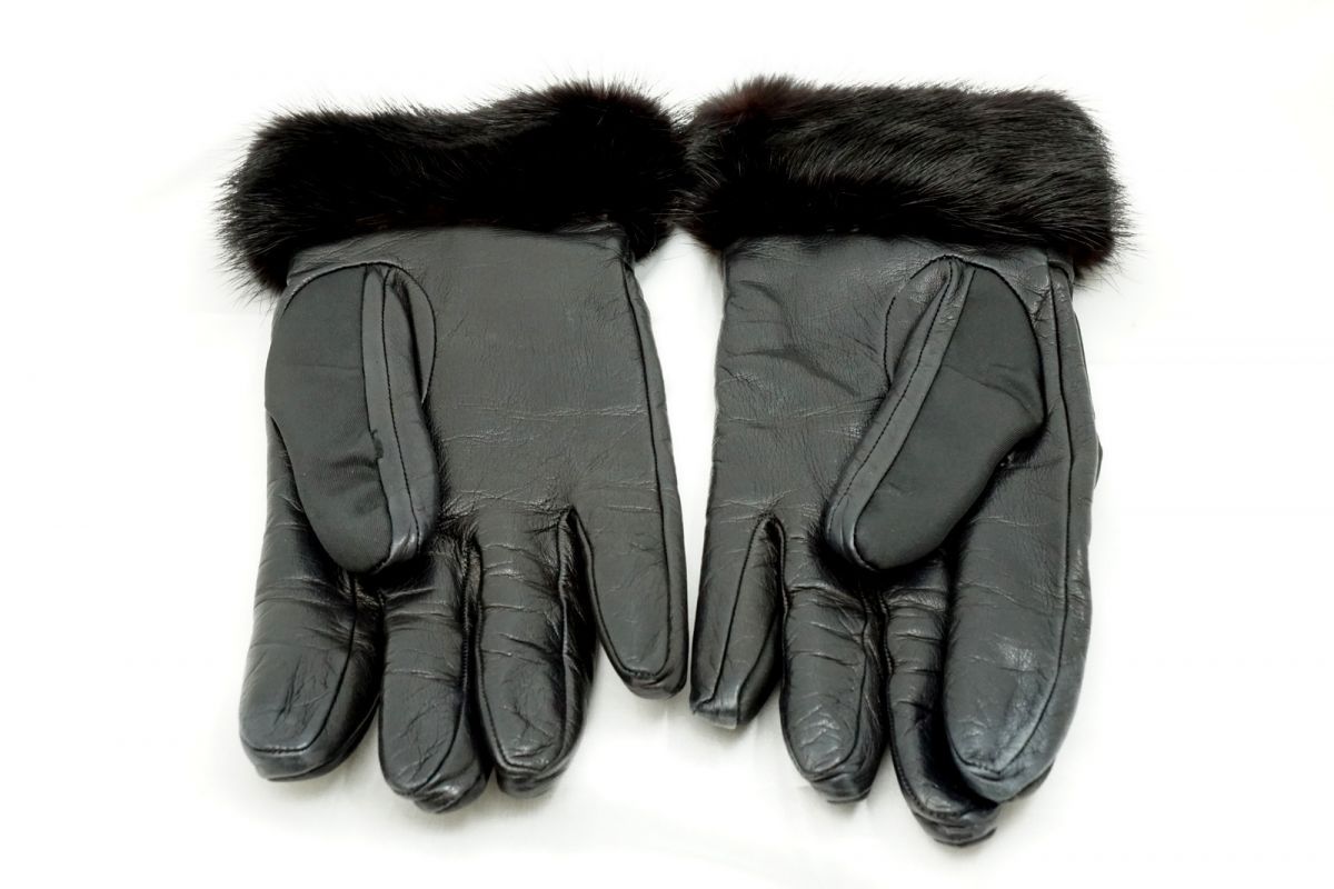 プラダ グローブ 手袋 レディース ミンクファー ベルト付き テスート ナイロン ラムスキン 黒 ブラック PRADA 4830 k