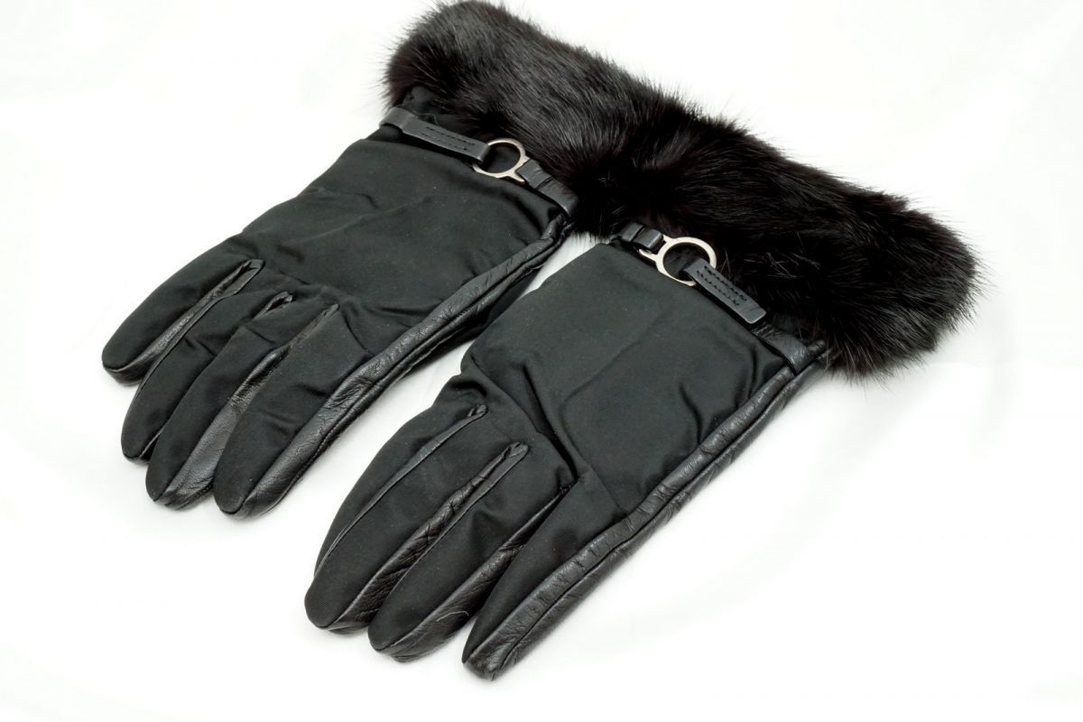 プラダ グローブ 手袋 レディース ミンクファー ベルト付き テスート ナイロン ラムスキン 黒 ブラック PRADA 4830 k