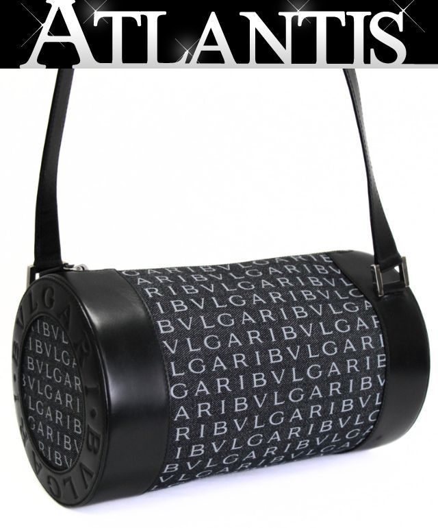 ブルガリ BVLGARI ビーゼロワン ロゴマニア 筒形ショルダーバッグ デニム レザー 黒 72940