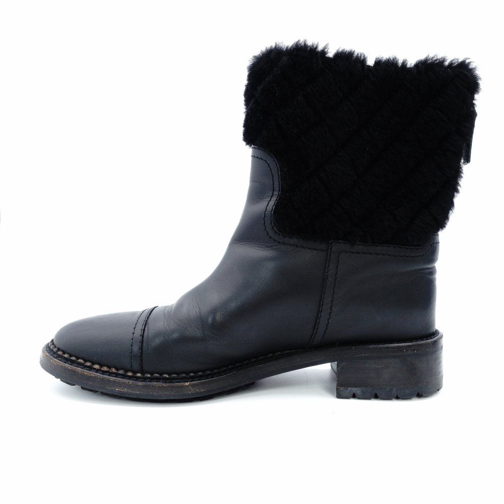 シャネル CHANEL マトラッセ ムートンブーツ 黒 レザー ブーツ ブラック ショートブーツ 37.5 約24.0～24.5 cm 7-12-078