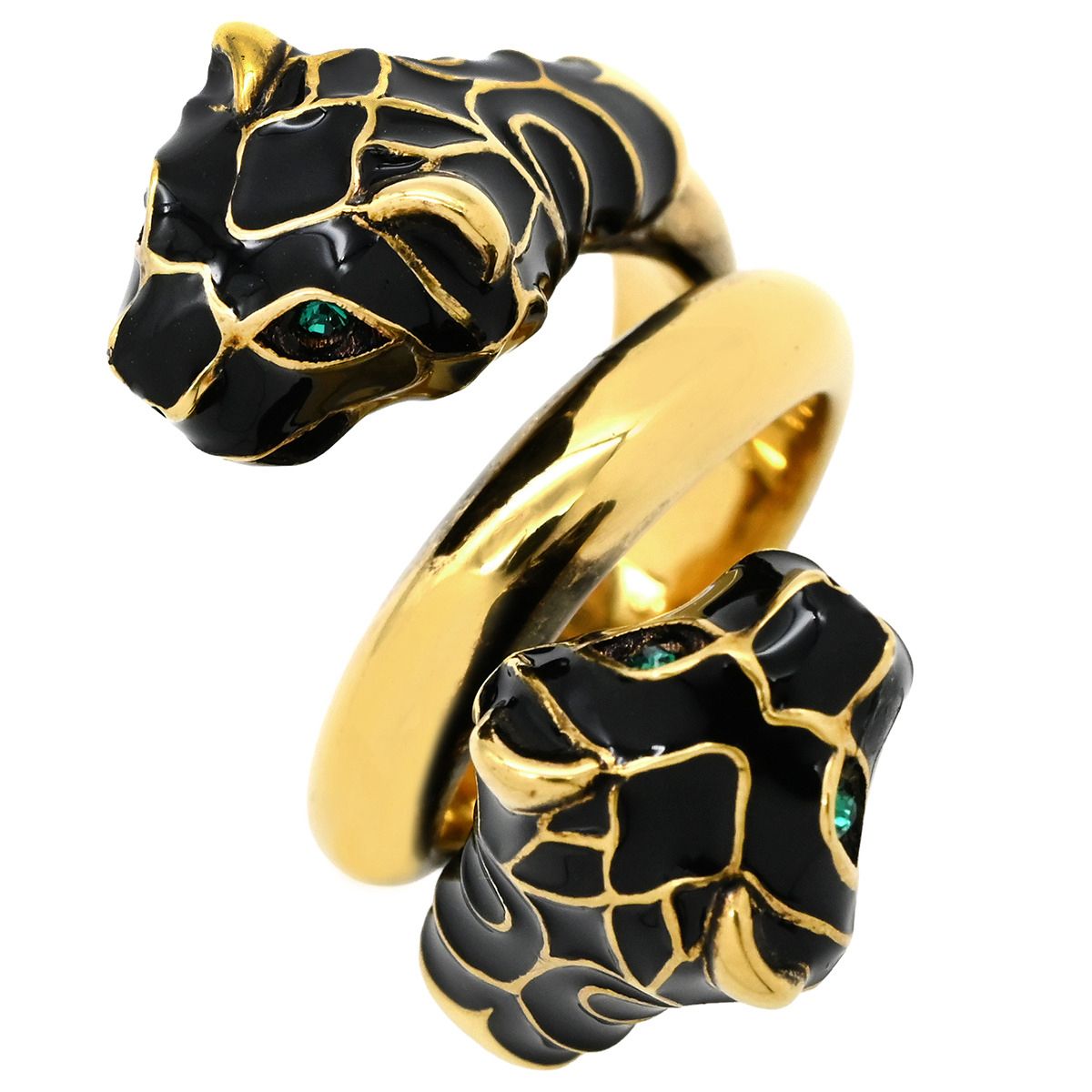 グッチ GUCCI リング 指輪 ダブルタイガーヘッド メタル エナメル 色石 ブラック ゴールド 虎 トラ とら ラップアラウンド 二重 2連 ミケーレ 9号 箱