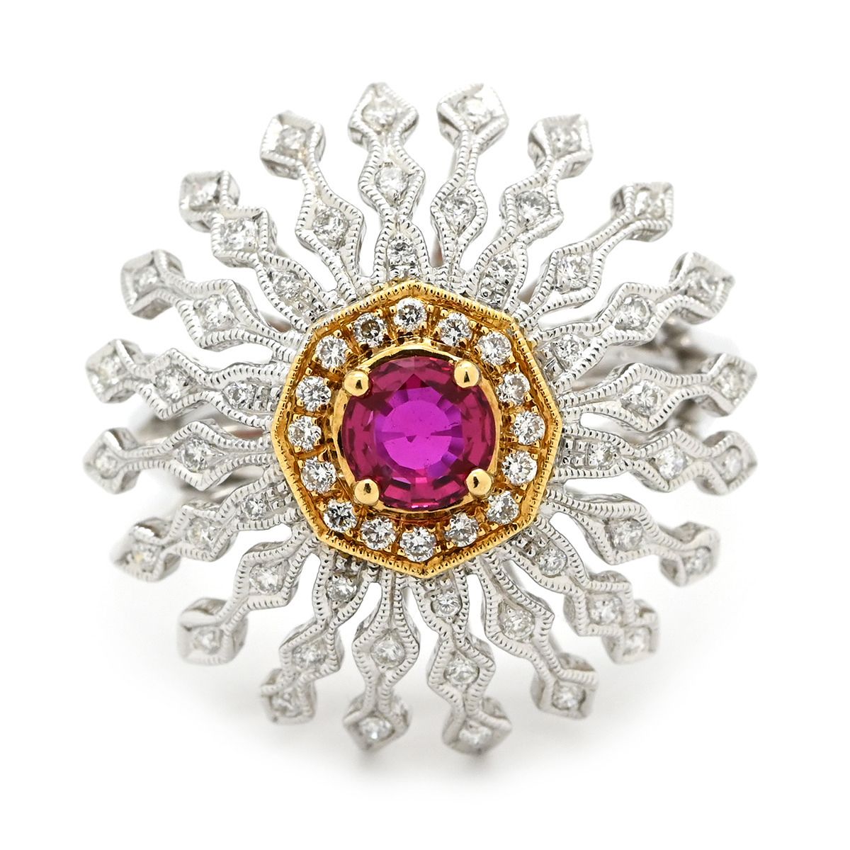 カール ブラックバーン CARL リング 指輪 ダイヤ ルビー ホワイトゴールド×レッド ホワイトゴールド Au 750 18 K ドーム型 フラワーモチーフ 透かし彫り 13号 箱