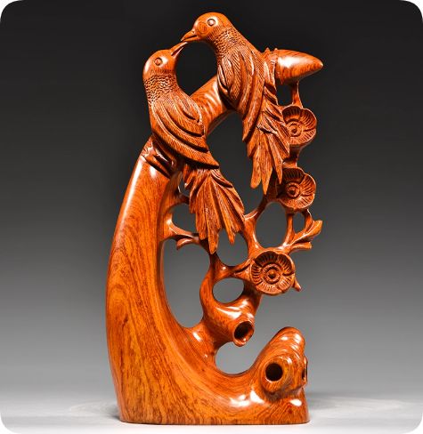 花梨の 木製 鳥と花の彫刻 アートオブジェ