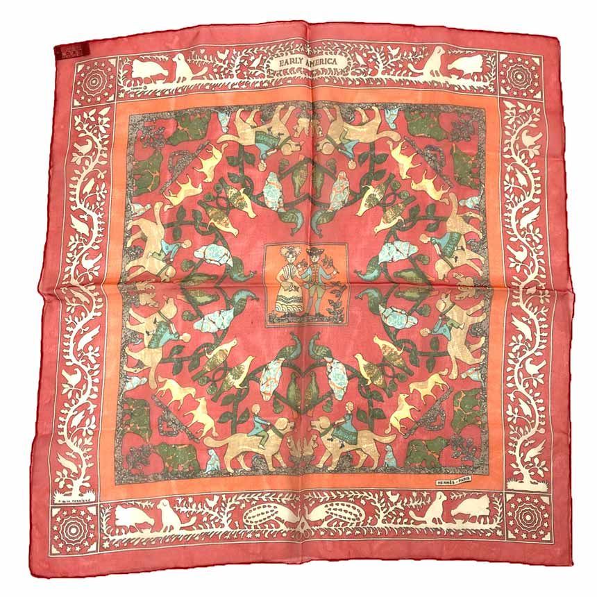 HERMES エルメス スカーフ カレ45 EARLY AMERICA 古き良きアメリカ シルクモスリン レッド 赤 aq 12373