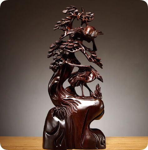 黒檀の木ダークブラウンの木製樹木と鳥の彫刻、アジア風のデザインで