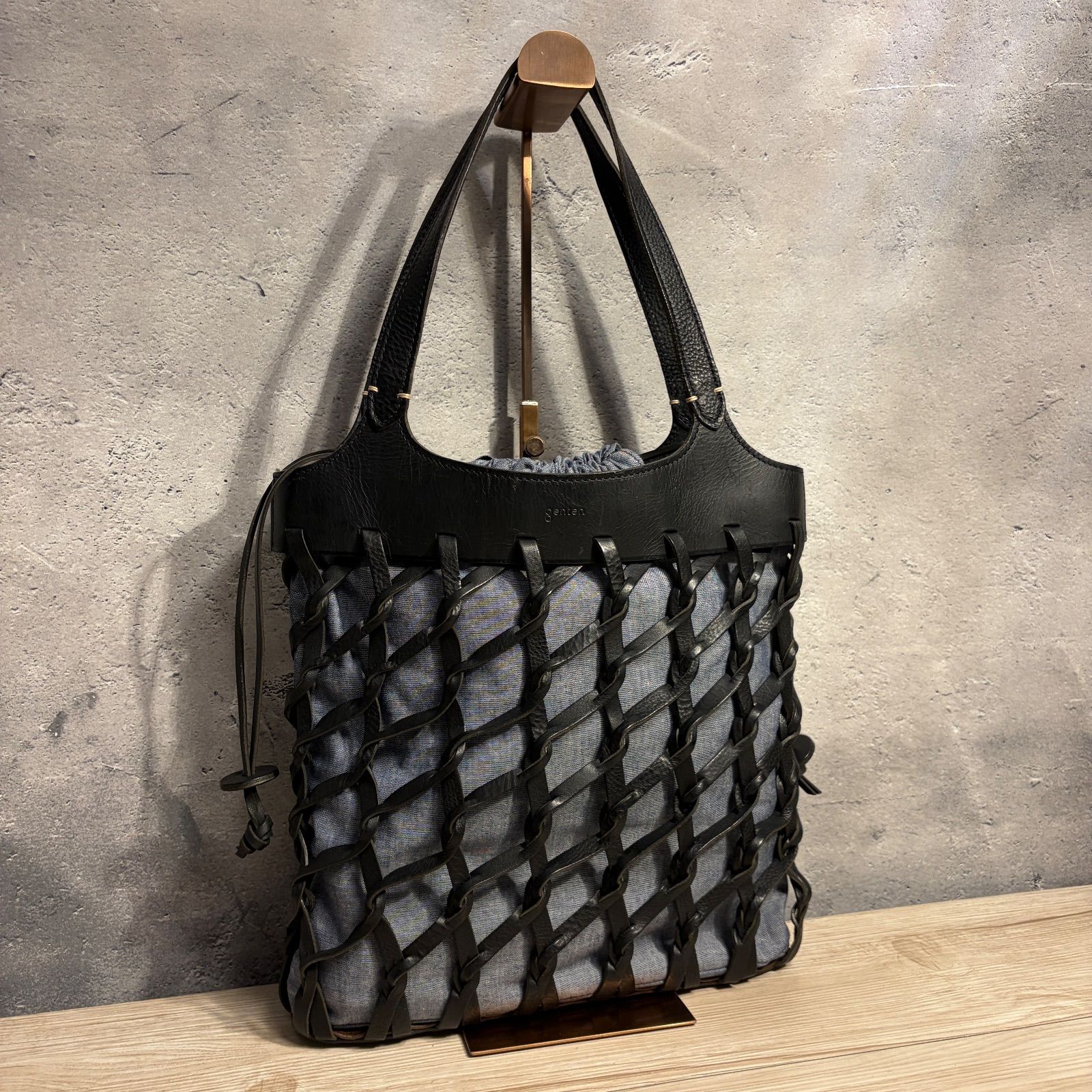 genten ゲンテン フィッシュネット トートバッグ ブラック 編み込み レザー 本革