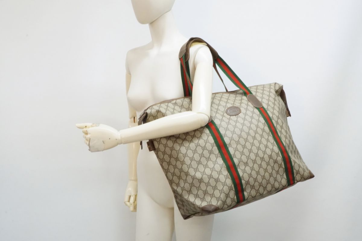 グッチ ヴィンテージ ボストン トート バッグ 012 シェリーライン GGプラス Unisex PVCレザー ベージュ GUCCI 4813 h