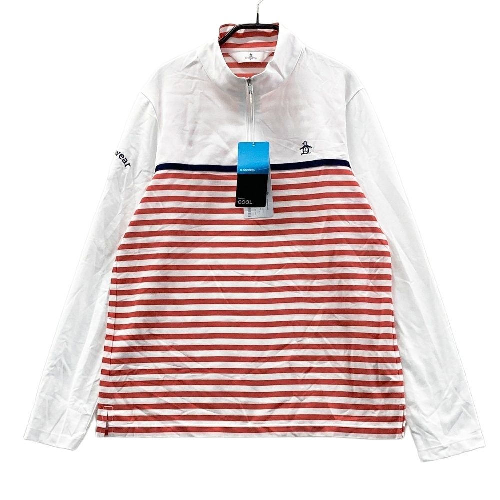 サイズ L MUNSING WEAR マンシングウェア モデル ハーフジップ長袖Tシャツ ボーダー柄 レッド系 ゴルフウェア レディース ストスト