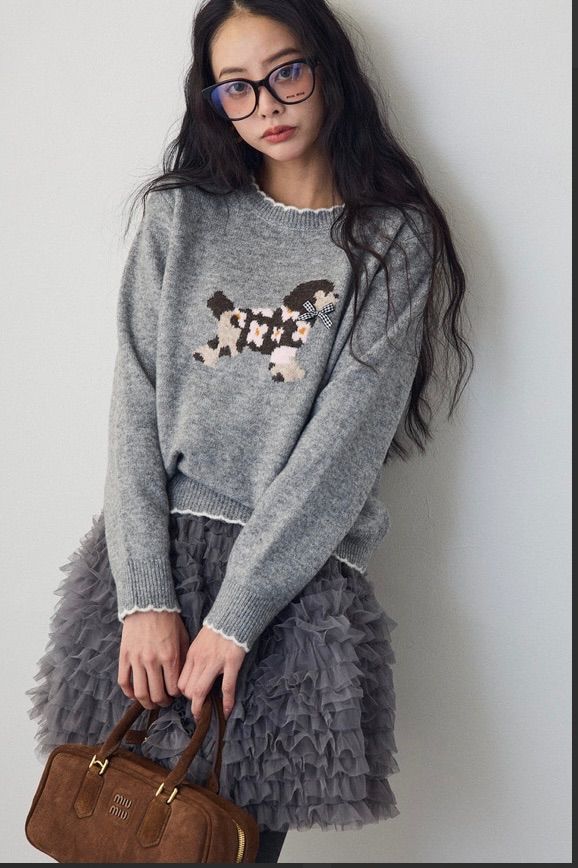 SET ドッグジャガードニットグレー ホイップチュールミニ丈スカートグレー◾️Frene