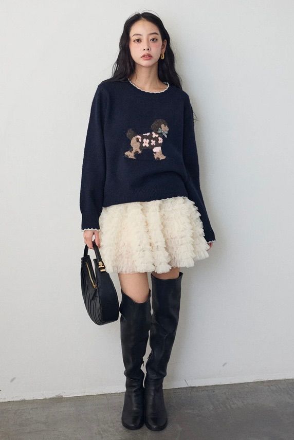 SET ドッグジャガードニット紺 ホイップチュールミニ丈スカート白◾️Frene