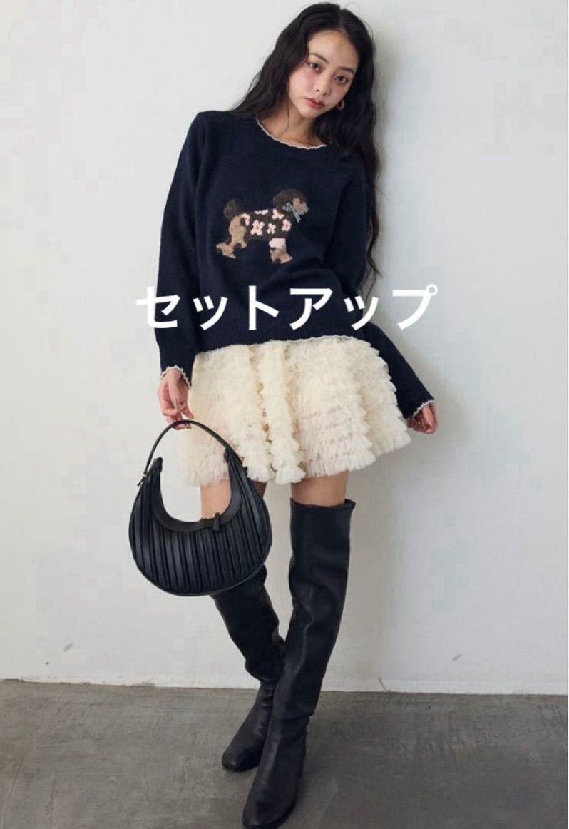 SET ドッグジャガードニット紺 ホイップチュールミニ丈スカート白◾️Frene