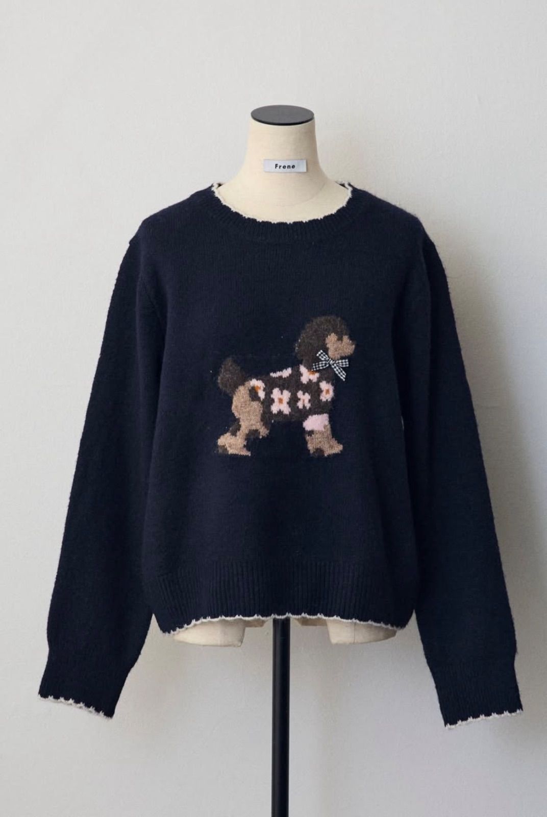 ドッグジャガードニット紺 ホイップチュールミニ丈スカート白◾️Frene