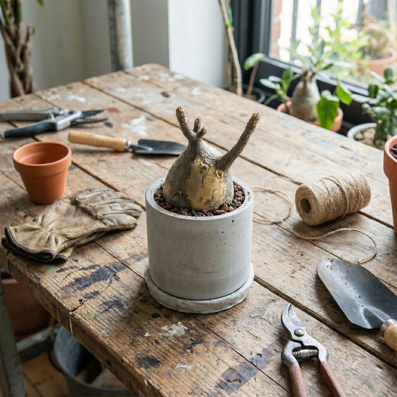 グラキリス 26 cm胴回り ｜現地株らしい荒肌と生命感あふれる枝ぶり 発根済 虫発生抑制 手作りモルタル鉢