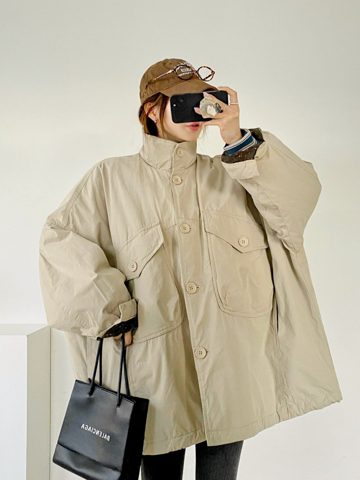 ビッグポケットマウンテンパーカー マウンテンダウンジャケット アウター 小花 起毛 キルティング バイ ポケット ハイネック ボックス 冬