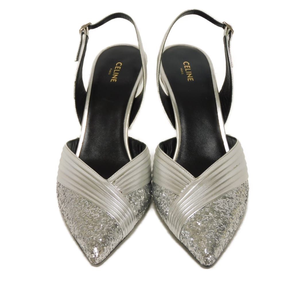 CELINE セリーヌ グリッター ヒール サンダル 37 スパンコール ラメ ブラック 24 cm 新ロゴ シルバー パンプス