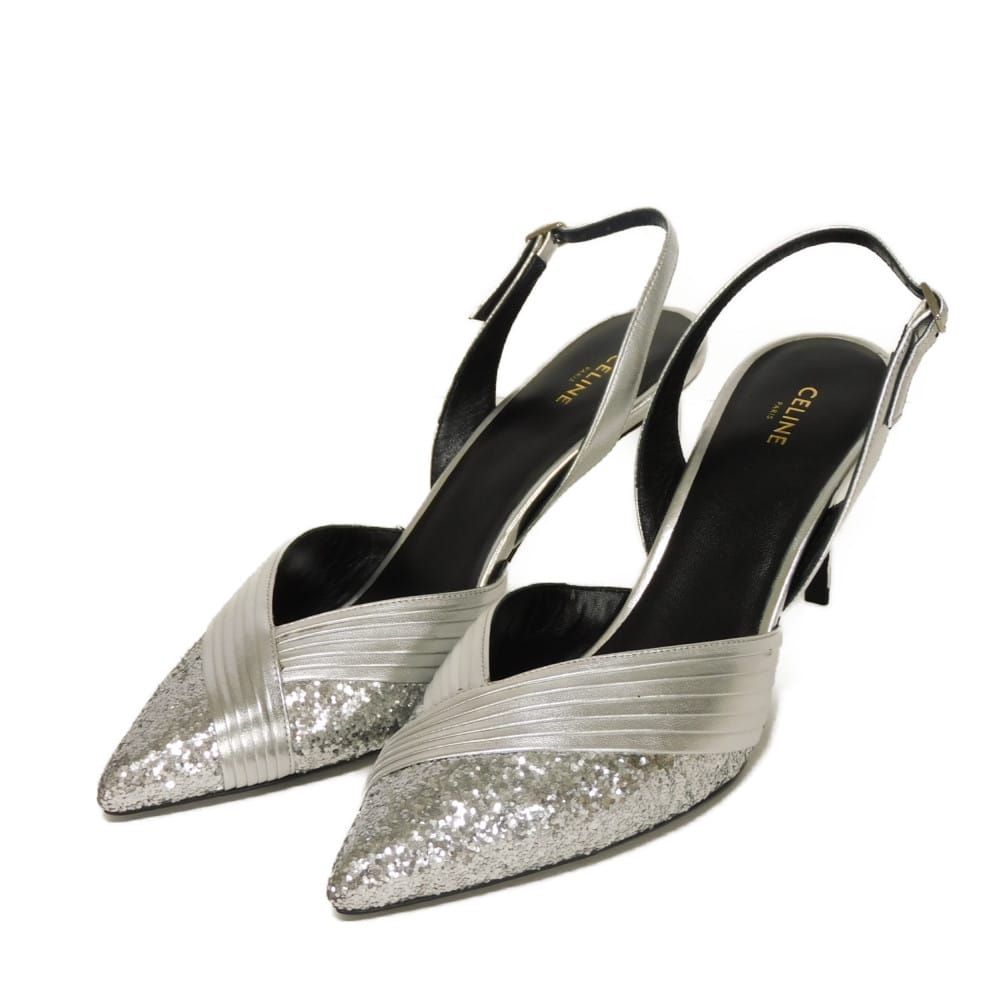 CELINE セリーヌ グリッター ヒール サンダル 37 スパンコール ラメ ブラック 24 cm 新ロゴ シルバー パンプス
