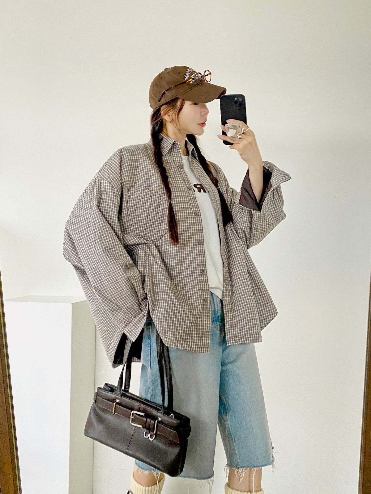 ウエハースポケットダウンシャツ チェック ポケット シャーリング ボックス オーバーサイズ KARA カラ 冬シャツ