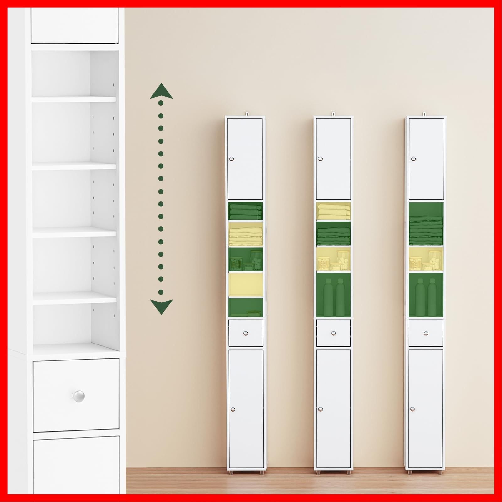 隙間 収納 洗面所 ランドリーラック スリム 食器棚 幅20 奥行20 高さ180 cm すきま収納 洗面所用キャビネット 可動棚 サニタリーラック ランドリー BZR 34 W ホワイト