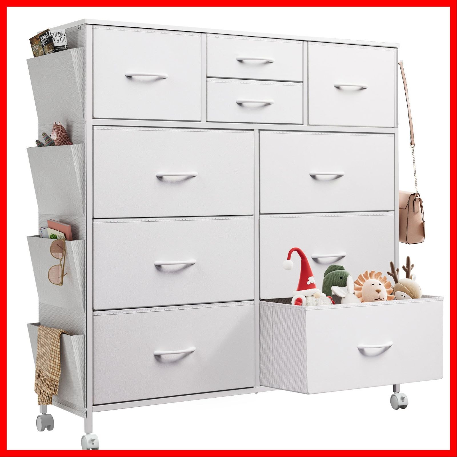 4段10杯 箪笥 ハイチェスト チェスト4段 サイドポケット付き リビング収納 おしゃれ キャスター付き 収納チェスト 引き出し 大容量 タンス 洋服タンス 布製 チェスト 衣類収納 北欧 シンプル WLIVE ホワイト ASNG 606