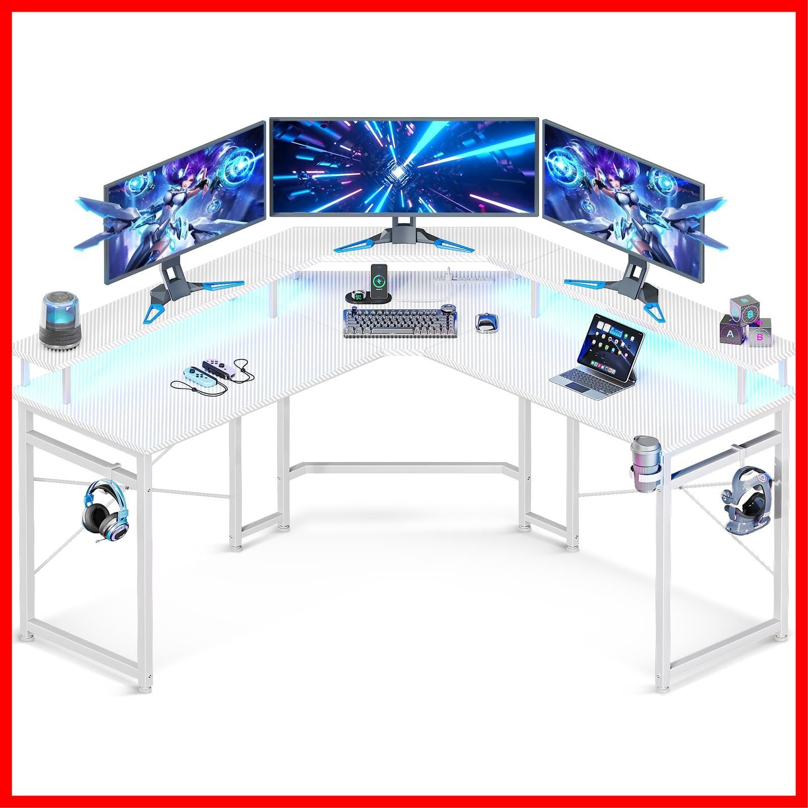 l字デスク 在宅勤務 仕事用 desk 収納 組立簡単 幅129 机 パソコンデスク カーボン調ホワイト コンセント付き ゲーミングデスク ODK