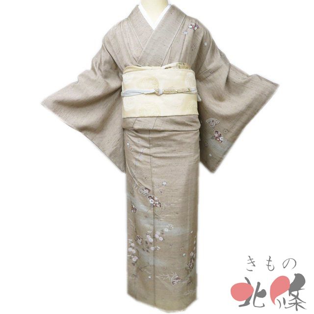 紬地 着物 リサイクル 正絹 袷 作家物 落款 花の図 簪 反端付き 銀通し 薄い茶系色 身丈155 cm 裄64 SA きもの北條 A 1309-6