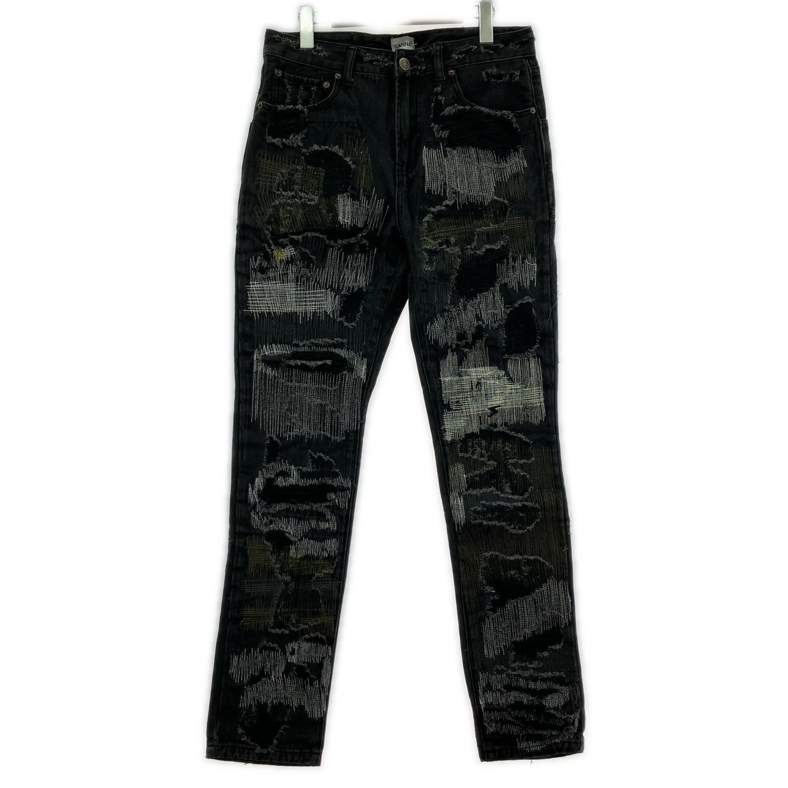 WANNA ワナ ステッチワーク デニムパンツ size 1 ブラック系