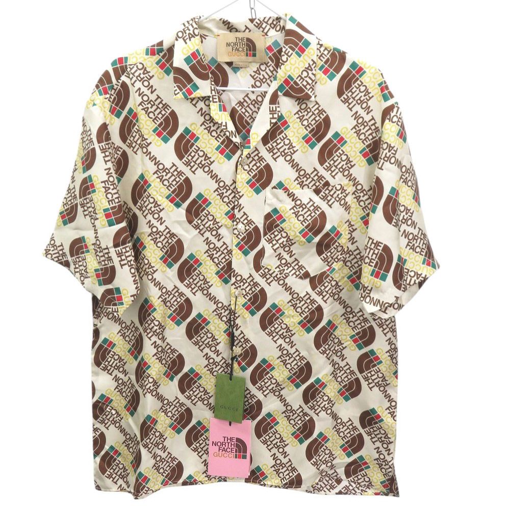 グッチ × ザノースフェイス THE NORTH FACE 総ロゴ サイズ46 シルク アイボリー系 半袖シャツ 2118 GUCCI メンズ