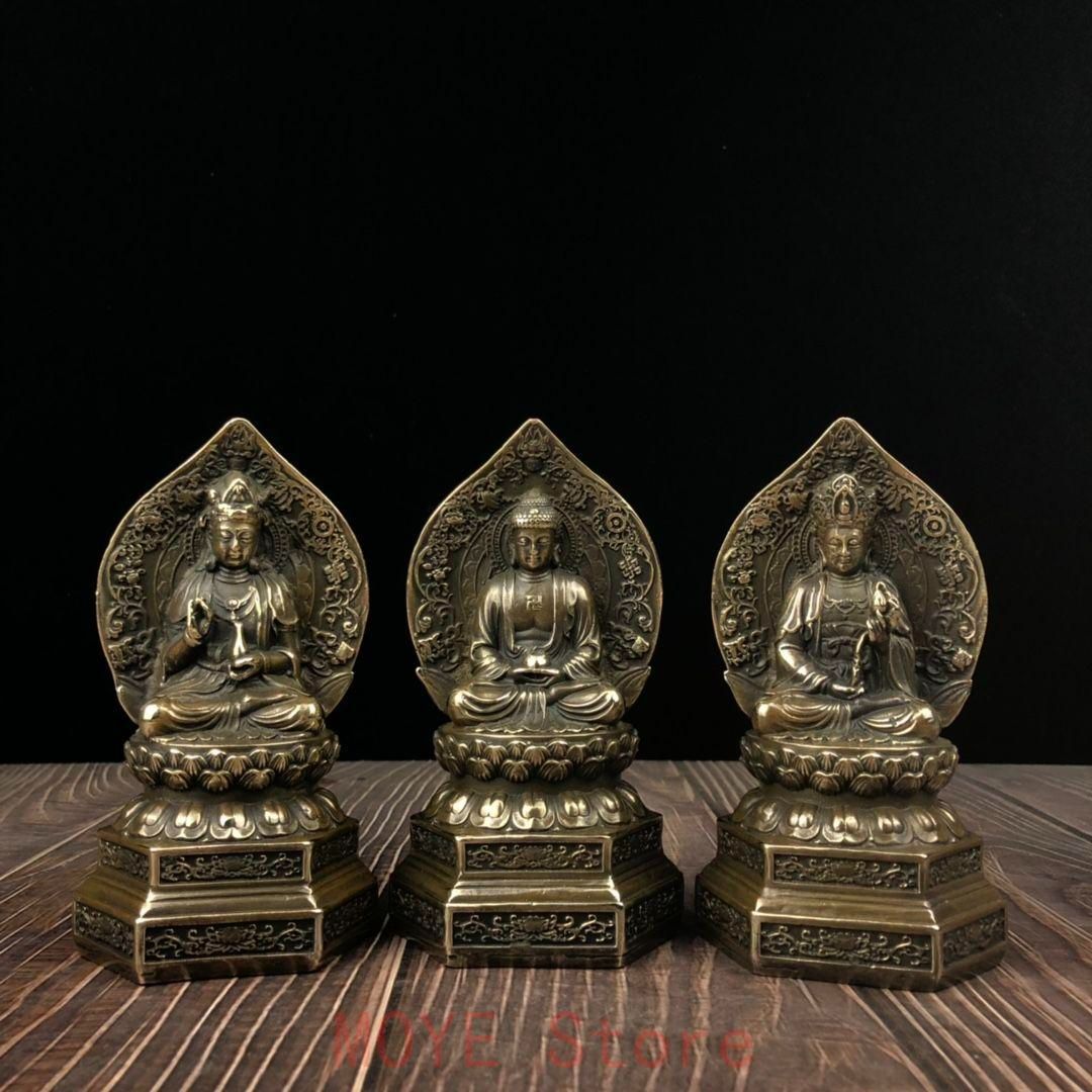 仏教美術 西方三聖坐像 地蔵 菩薩 観音 銅製 仏像 彫刻 置物 開運 風水