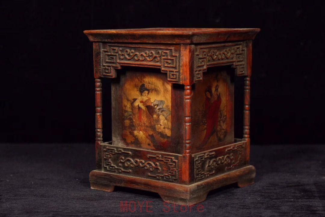 老紅酸枝木四大美女筆筒 筆置き 筆入 古文房具 書道具 現代工芸品 美術