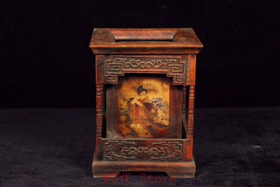 老紅酸枝木四大美女筆筒 筆置き 筆入 古文房具 書道具 現代工芸品 美術