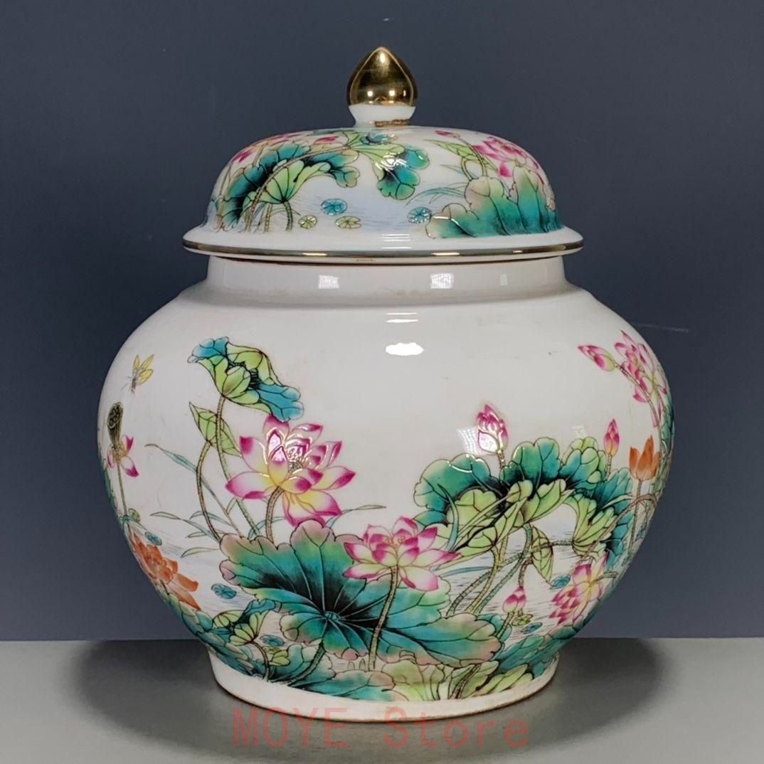 清乾隆粉彩蒔金蓮花蓋缶 景徳鎮 陶磁器 装飾品 工芸品 美術品 置物