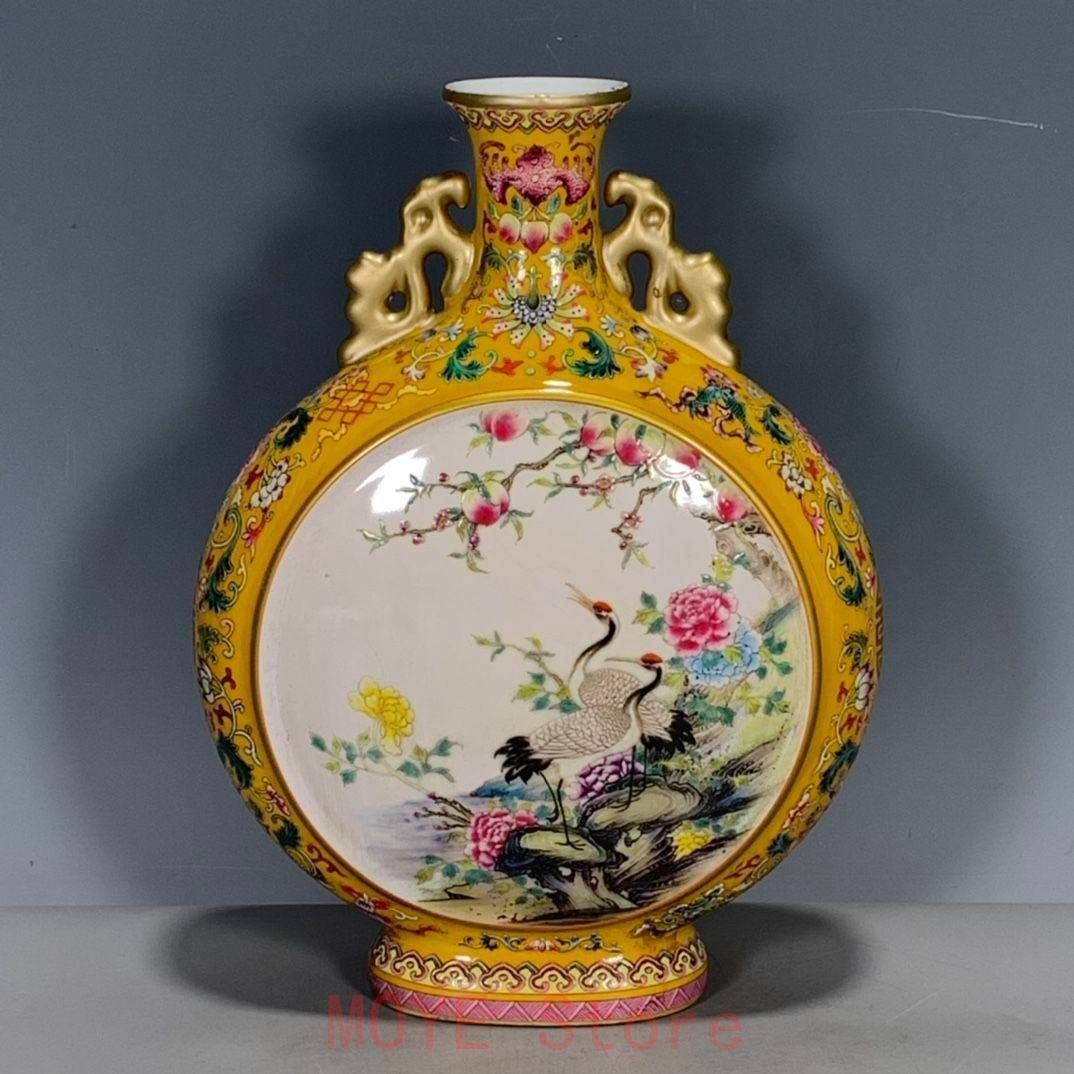 乾隆黄釉蒔絵開窓粉彩鶴抱月甁 花瓶 景徳鎮 陶磁器 装飾品 工芸品美術