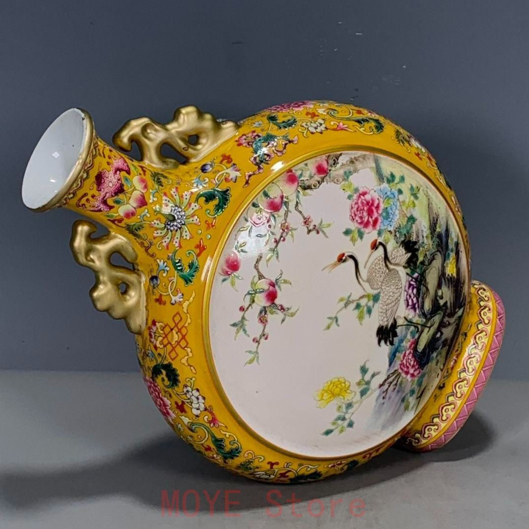 乾隆黄釉蒔絵開窓粉彩鶴抱月甁 花瓶 景徳鎮 陶磁器 装飾品 工芸品美術