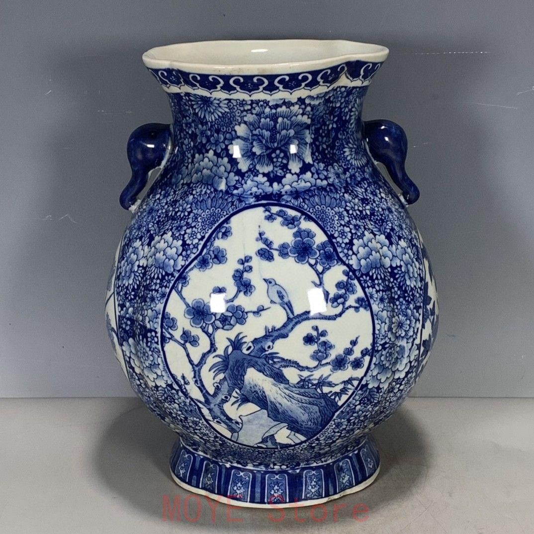 中国美術 青花窓花鳥双耳尊 景徳鎮 陶磁器 装飾品 工芸品 美術品 置物