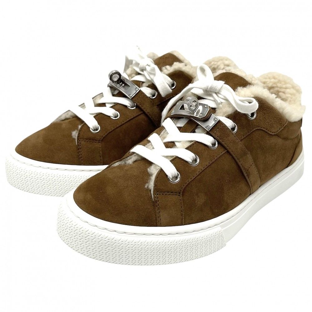 エルメス スニーカー レディース ケリーバックル デイ ファッションアイテム シューズ 靴 約23 cm HERMES スウェード ムートン ラバー ブラウン 茶 アイボリー シルバー金具 品