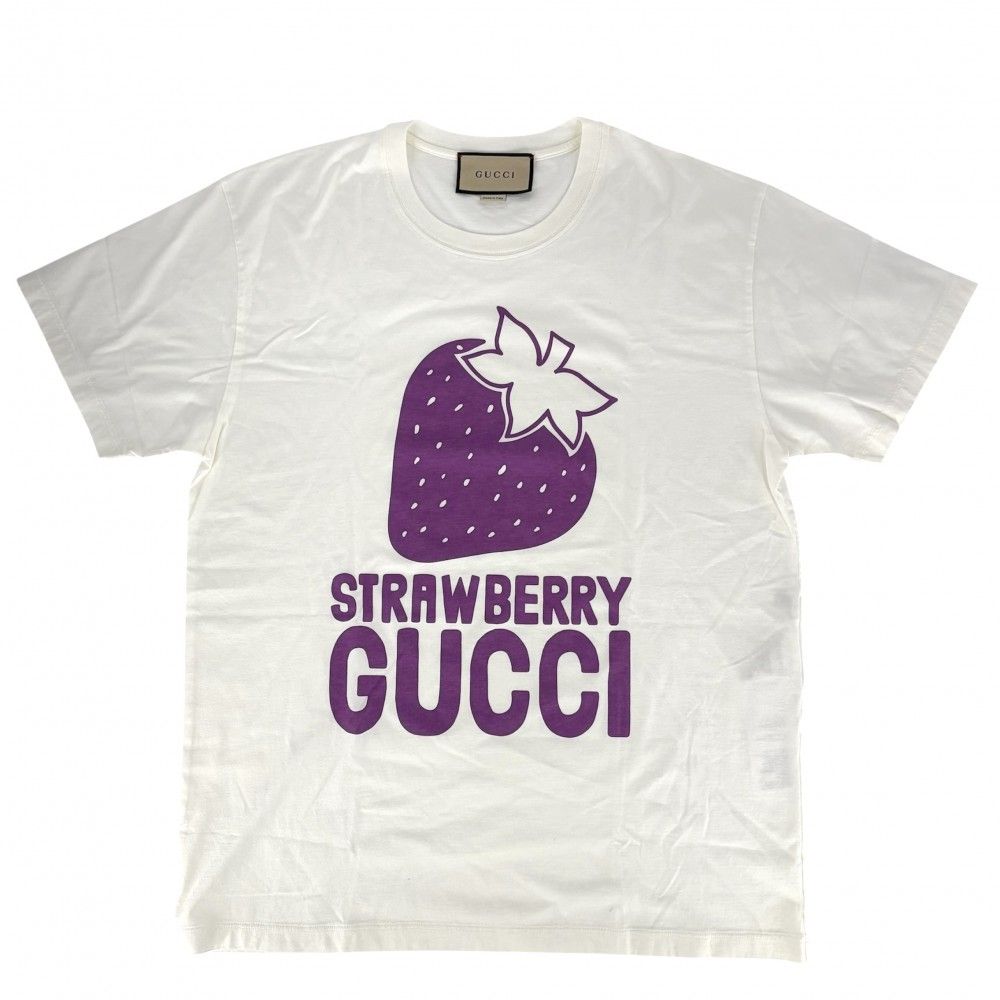グッチ 半袖Ｔシャツ メンズ ストロベリー ロゴプリントクルーネックTシャツ トップス アパレル 服 GUCCI M 548334 ホワイト 白 パープル 紫 コットン 春 夏 品