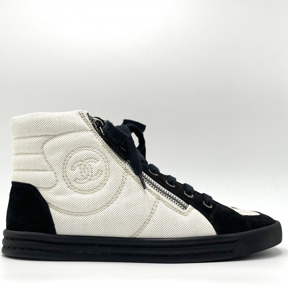 シャネル スニーカー レディース ハイカットスニーカー ココマーク 靴 サイズ37 ファッションアイテム 約24 cm CHANEL G 30617 キャンバス レザー スエード ブラック 黒 ホワイト 白 ガンメタル金具 品