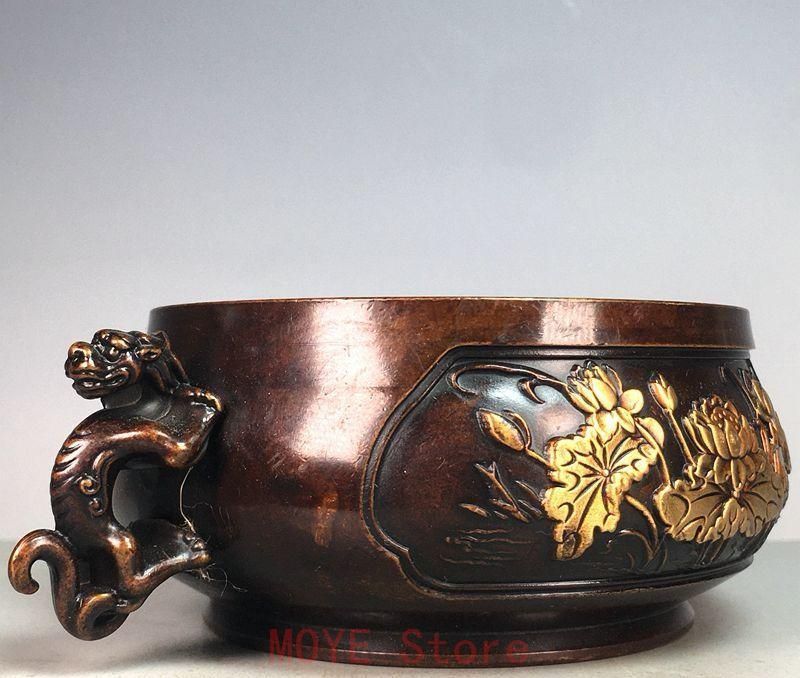 大明宣徳両両耳蓮葉蓮花香炉 銅香炉 香道具 仏具 工芸品美術品 置物 香