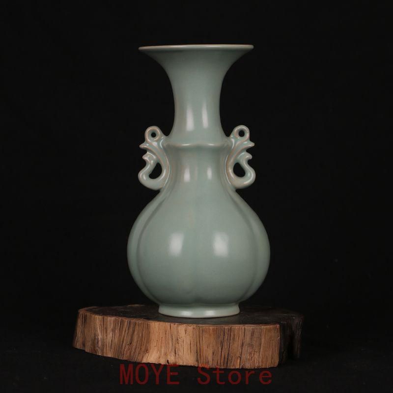 北宋汝窯青釉瓜稜双耳瓶 景徳鎮 陶磁器 装飾品 工芸品 美術品 置物