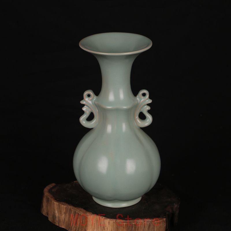 北宋汝窯青釉瓜稜双耳瓶 景徳鎮 陶磁器 装飾品 工芸品 美術品 置物