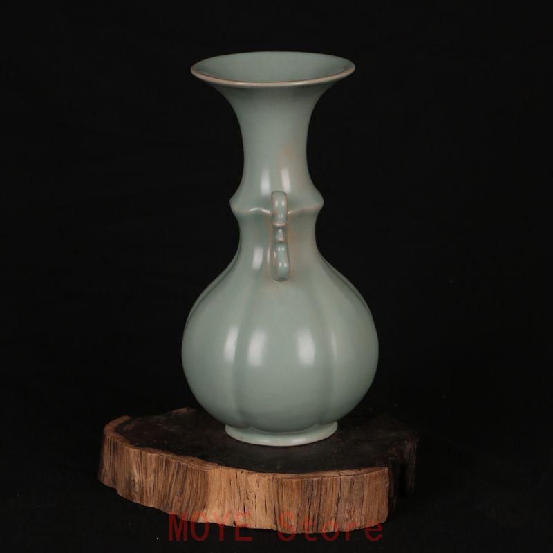 北宋汝窯青釉瓜稜双耳瓶 景徳鎮 陶磁器 装飾品 工芸品 美術品 置物