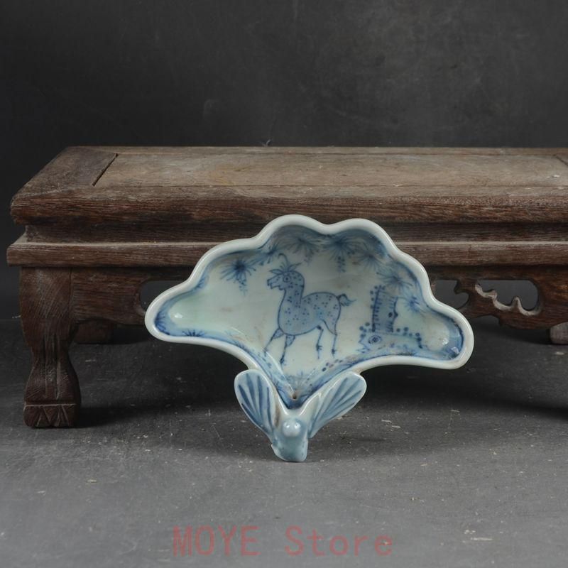 景徳鎮 陶磁 手画青花 小馬 扇形 筆洗 書道具 文房具 工芸品 美術品