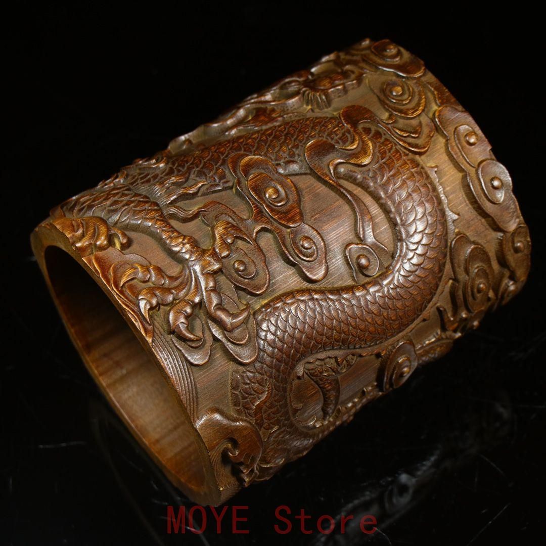 竹 彫刻 飛竜天にいます筆箱 書道具 文房具 現代工芸品 美術品 置物