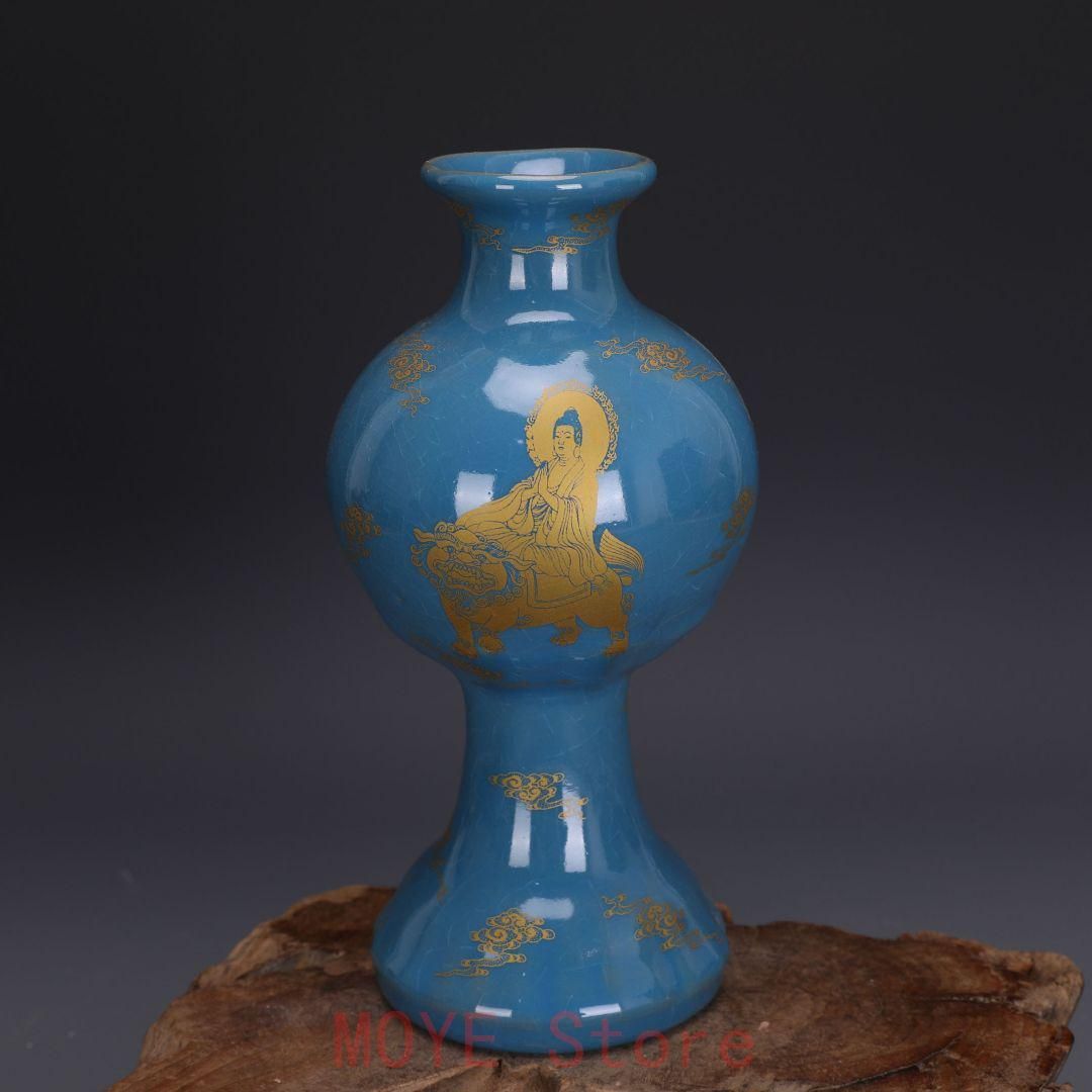 宋代汝窯天青釉蒔絵仏像紋梅瓶 景徳鎮 陶磁器 装飾品 現代工芸品 美術