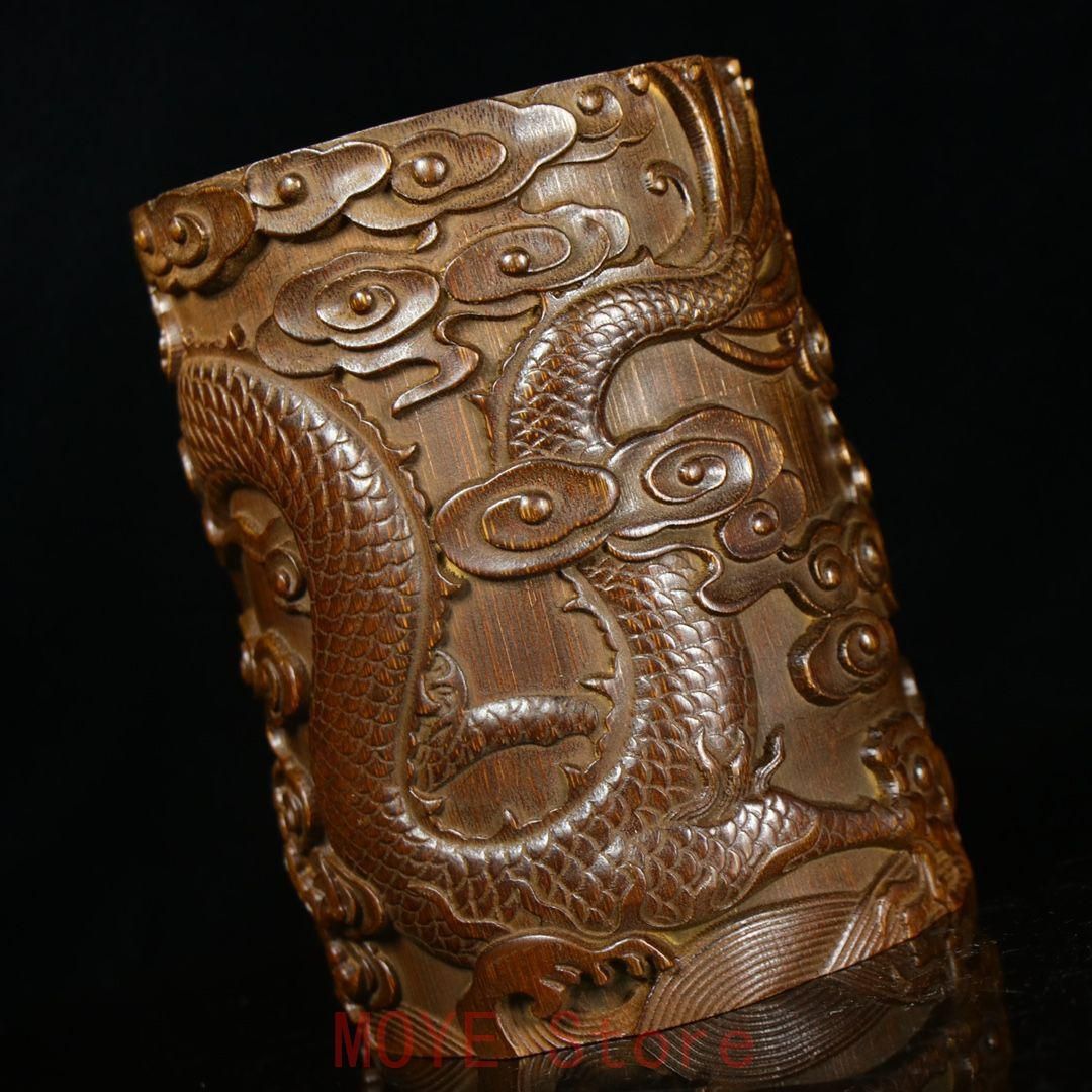 竹 彫刻 飛竜天にいます筆箱 書道具 文房具 現代工芸品 美術品 置物