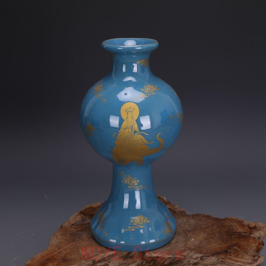 宋代汝窯天青釉蒔絵仏像紋梅瓶 景徳鎮 陶磁器 装飾品 現代工芸品 美術