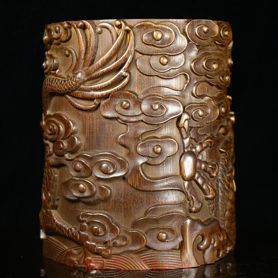 竹 彫刻 飛竜天にいます筆箱 書道具 文房具 現代工芸品 美術品 置物