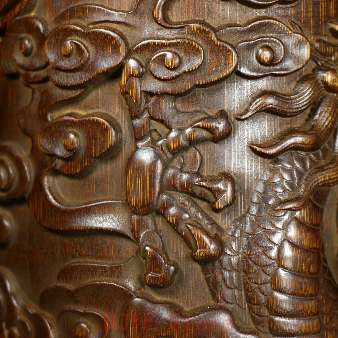 竹 彫刻 飛竜天にいます筆箱 書道具 文房具 現代工芸品 美術品 置物