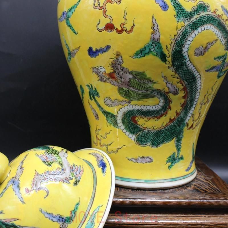 清康熙黄地粉彩龍鳳紋将軍茶壺 景徳鎮 陶磁器 装飾品 現代工芸品 美術